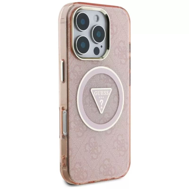 Guess IML Metal Glitter 4G Circle Triangle MagSafe Dėklas, skirtas Apple iPhone 16 Pro Max (Pink)
