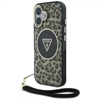 Guess HC IML Leopard Triangle Dėklas iPhone 16 su Virvute, Rudas, MagSafe