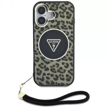 Guess HC IML Leopard Triangle Dėklas iPhone 16 su Virvute, Rudas, MagSafe