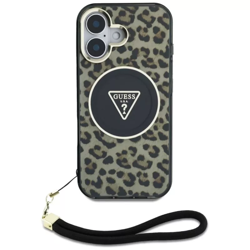 Guess HC IML Leopard Triangle Dėklas iPhone 16 su Virvute, Rudas, MagSafe