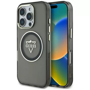 Guess IML Metal Mountain Logo apsauginis dėklas su MagSafe, skirtas iPhone 16 Pro (juodas)
