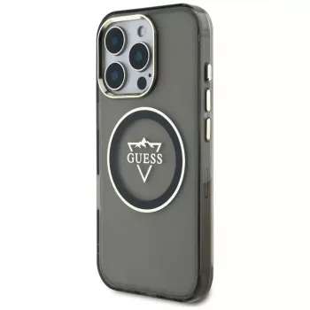 Guess IML Metal Mountain Logo apsauginis dėklas su MagSafe, skirtas iPhone 16 Pro (juodas)