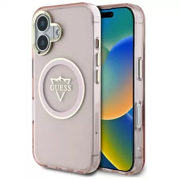 Guess IML Metal Mountain Logo MagSafe Dėklas, skirtas Apple iPhone 16 (Rožinis)