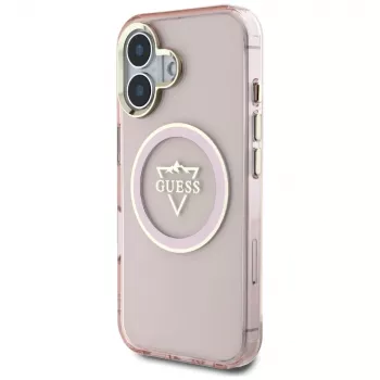 Guess IML Metal Mountain Logo MagSafe Dėklas, skirtas Apple iPhone 16 (Rožinis)