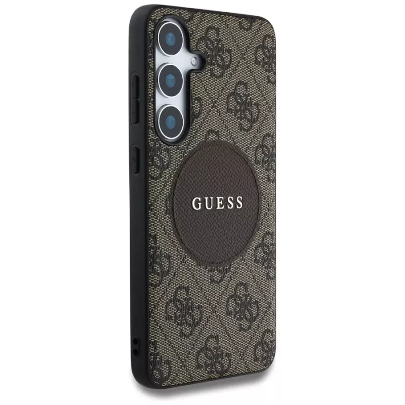 Guess 4G Round Patch Classic Logo MagSafe Dėklas Samsung Galaxy S25+ (Ruda)