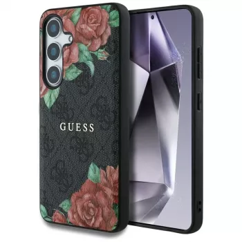 Guess Leather 4G Flowers Print Metal Classic Logo MagSafe Dėklas Samsung Galaxy S25, Juodas
