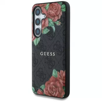 Guess Leather 4G Flowers Print Metal Classic Logo MagSafe Dėklas Samsung Galaxy S25, Juodas
