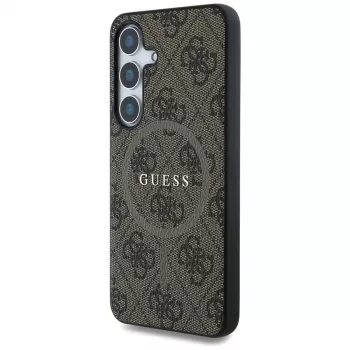 Guess Leather 4G Colored Ring Classic Logo MagSafe Dėklas Samsung Galaxy S25 (Ruda)