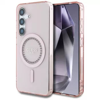 Guess Rhinestones Printed Classic Logo MagSafe Dėklas Samsung Galaxy S25 (Rožinis)