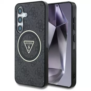 Guess 4G Glitter Triangle Buttons MagSafe Dėklas, skirtas Samsung Galaxy S25, Juodas