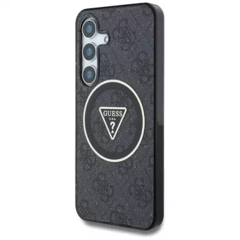 Guess 4G Glitter Triangle Buttons MagSafe Dėklas, skirtas Samsung Galaxy S25, Juodas