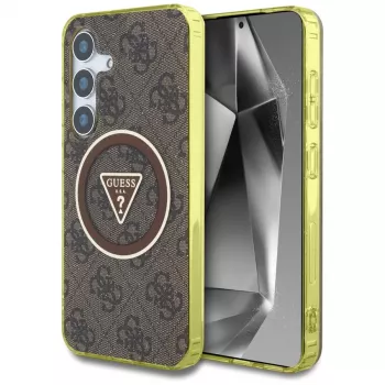 Guess 4G Glitter Triangle Buttons MagSafe Dėklas Samsung Galaxy S25 (Ruda)