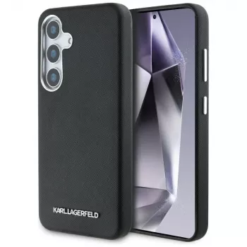 KARL LAGERFELD Saffiano FullWrapped Elongated Metal Logo MagSafe Dėklas Samsung Galaxy S25+, Juodas