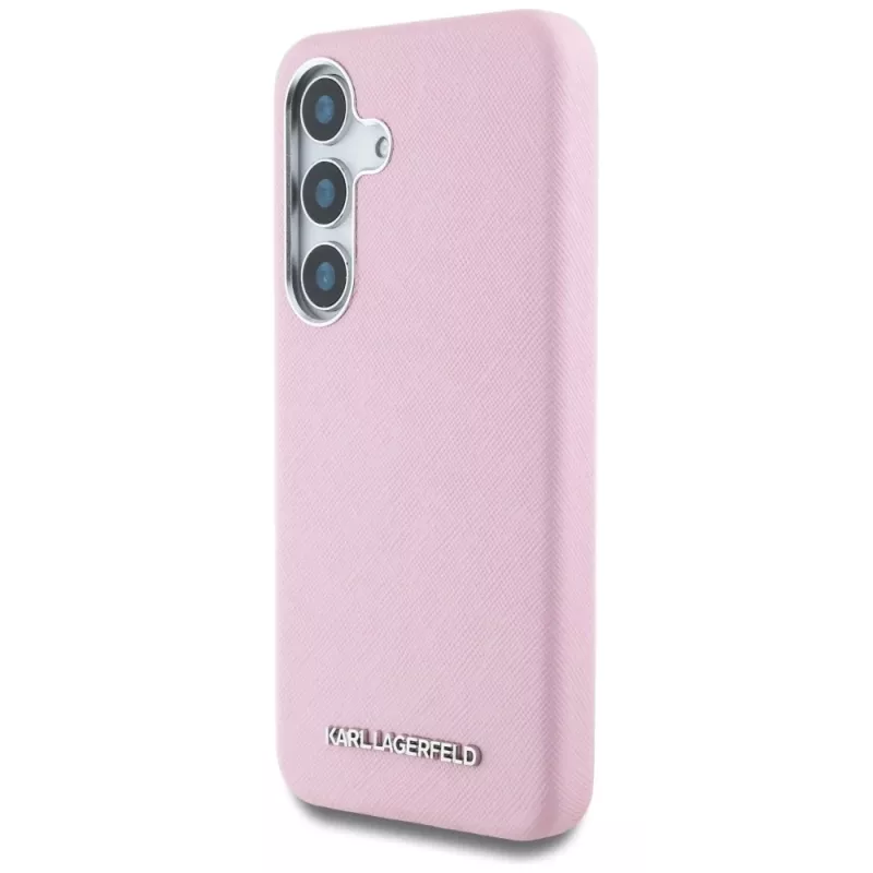 Karl Lagerfeld Saffiano FullWrapped Elongated Metal Logo MagSafe Dėklas Samsung Galaxy S25 Rožinis