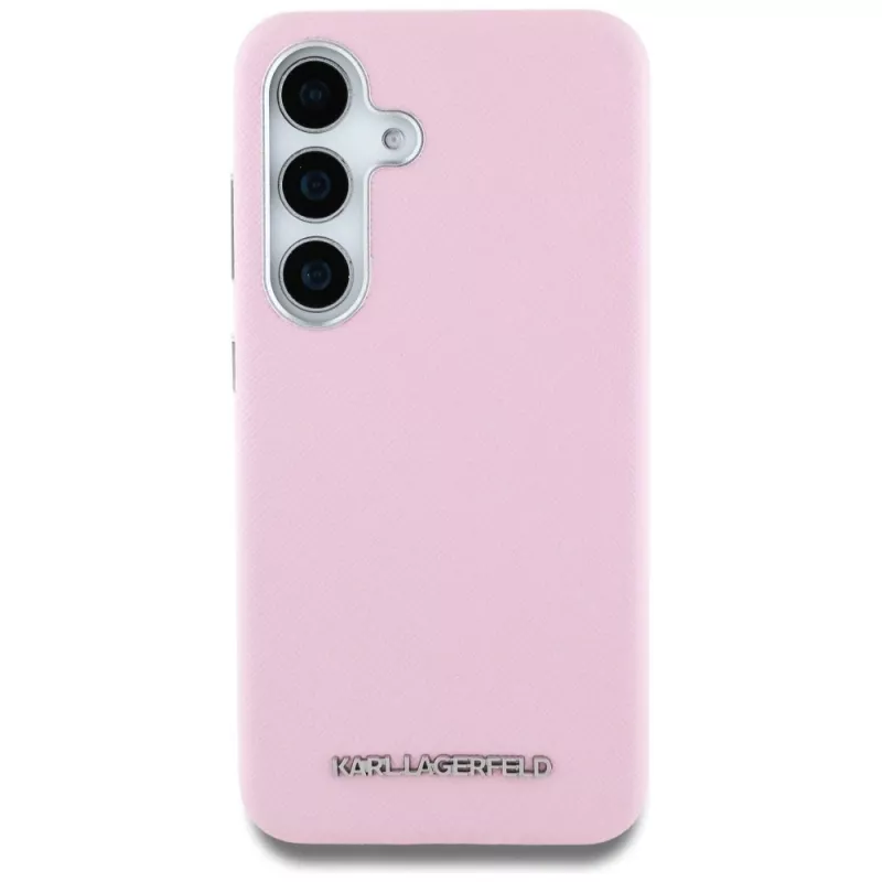 Karl Lagerfeld Saffiano FullWrapped Elongated Metal Logo MagSafe Dėklas Samsung Galaxy S25 Rožinis