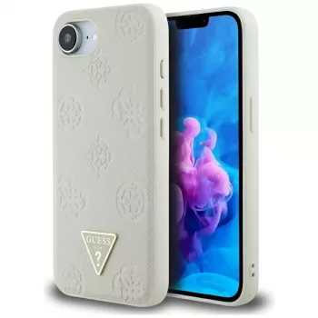 Guess Grained Hot Stamp Peony Triangle Logo MagSafe Dėklas, skirtas iPhone 16e (Smėlio spalvos)