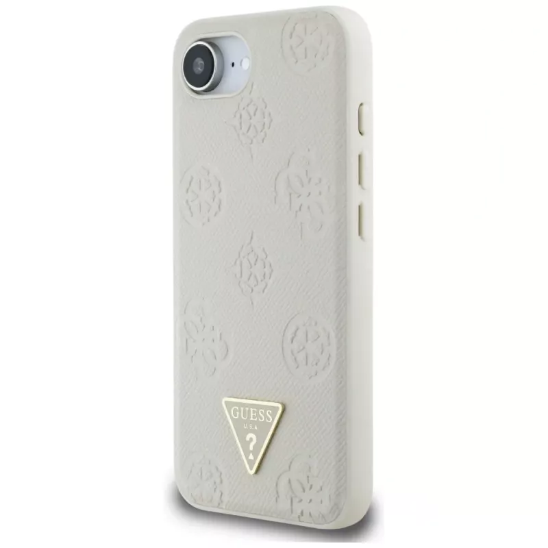 Guess Grained Hot Stamp Peony Triangle Logo MagSafe Dėklas, skirtas iPhone 16e (Smėlio spalvos)