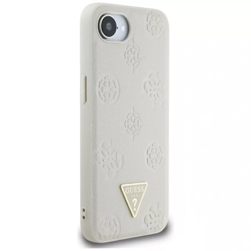 Guess Grained Hot Stamp Peony Triangle Logo MagSafe Dėklas, skirtas iPhone 16e (Smėlio spalvos)