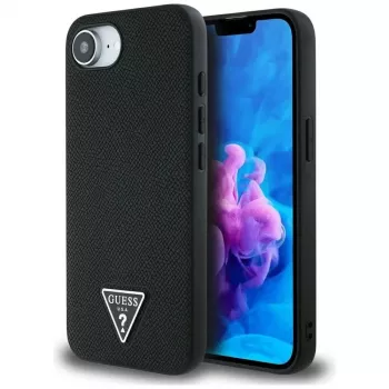 Guess Grained Triangle MagSafe Dėklas, skirtas iPhone 16e (Juodas)