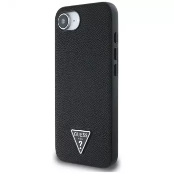 Guess Grained Triangle MagSafe Dėklas, skirtas iPhone 16e (Juodas)