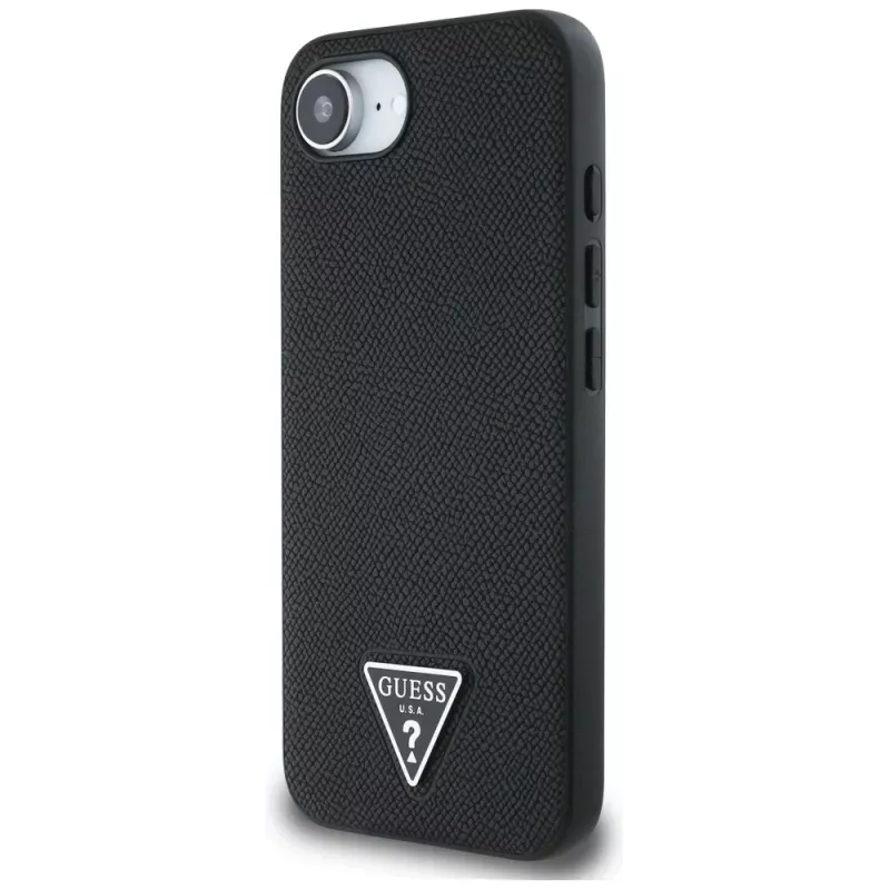 Guess Grained Triangle MagSafe Dėklas, skirtas iPhone 16e (Juodas)