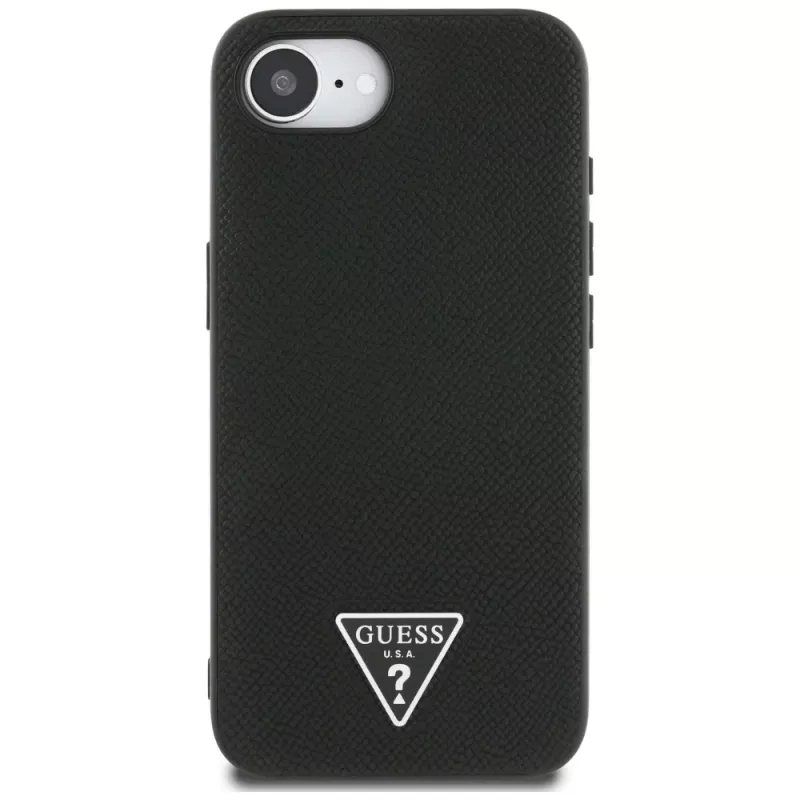 Guess Grained Triangle MagSafe Dėklas, skirtas iPhone 16e (Juodas)