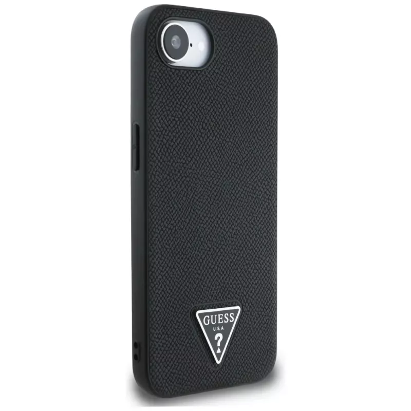 Guess Grained Triangle MagSafe Dėklas, skirtas iPhone 16e (Juodas)