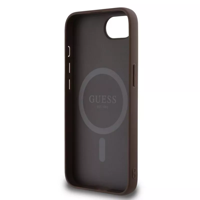 Guess 4G Ring Triangle Logo MagSafe Dėklas, skirtas iPhone 16e (Ruda spalva)