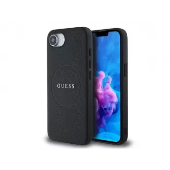 Guess Grained Ring MagSafe Dėklas, skirtas iPhone 16e (Juodas)