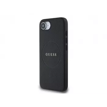 Guess Grained Ring MagSafe Dėklas, skirtas iPhone 16e (Juodas)