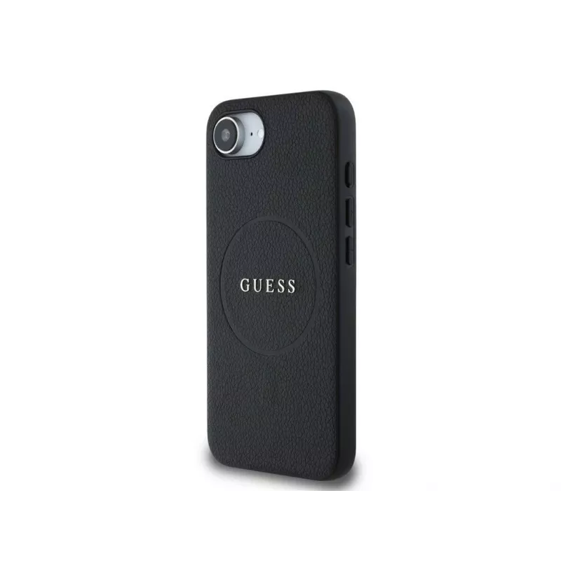 Guess Grained Ring MagSafe Dėklas, skirtas iPhone 16e (Juodas)