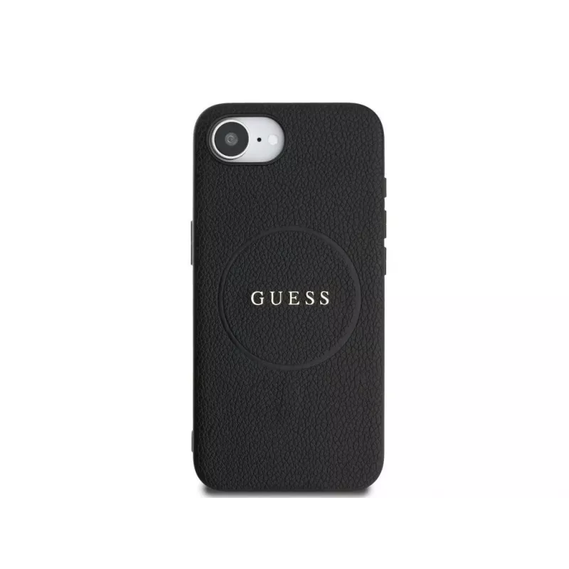 Guess Grained Ring MagSafe Dėklas, skirtas iPhone 16e (Juodas)