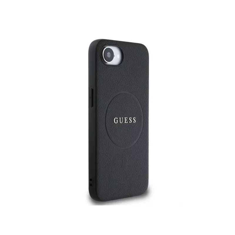 Guess Grained Ring MagSafe Dėklas, skirtas iPhone 16e (Juodas)