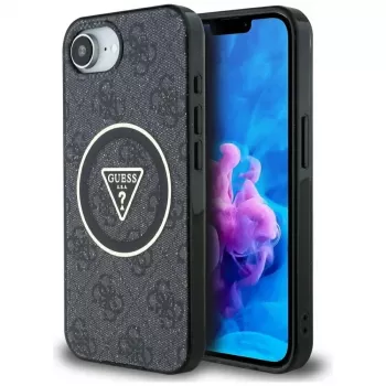 Guess IML Metal Glitter 4G Circle Triangle MagSafe Dėklas, skirta iPhone 16e (Juoda)