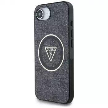 Guess IML Metal Glitter 4G Circle Triangle MagSafe Dėklas, skirta iPhone 16e (Juoda)