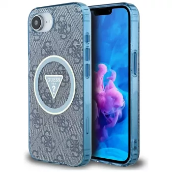 Guess IML Metal Glitter 4G Circle Triangle MagSafe Dėklas, skirtas iPhone 16e (Mėlynas)