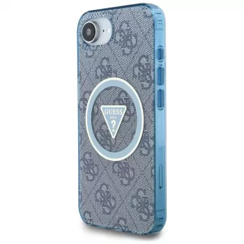 Guess IML Metal Glitter 4G Circle Triangle MagSafe Dėklas, skirtas iPhone 16e (Mėlynas)