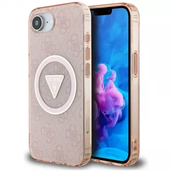 Guess IML Metal Glitter 4G Circle Triangle MagSafe Case, skirta Apple iPhone 16e (rožinė)