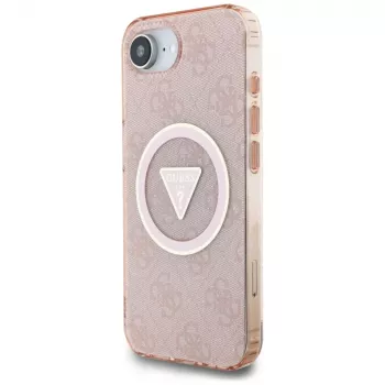 Guess IML Metal Glitter 4G Circle Triangle MagSafe Case, skirta Apple iPhone 16e (rožinė)