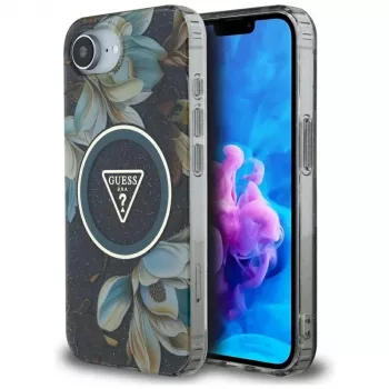 Guess IML Metal Glitter Flowers Triangle MagSafe Case, skirta Apple iPhone 16e (Juoda)