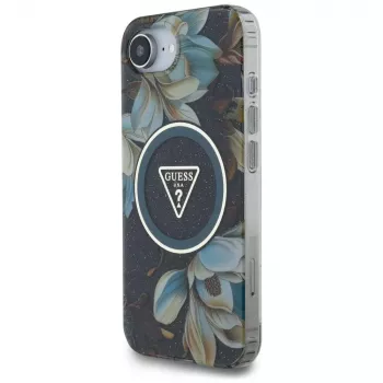 Guess IML Metal Glitter Flowers Triangle MagSafe Case, skirta Apple iPhone 16e (Juoda)