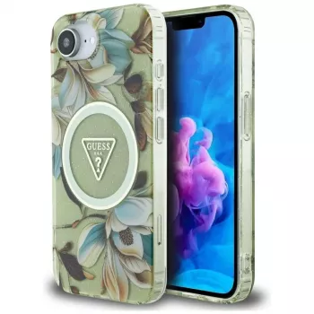 Guess IML Metal Glitter Flowers Triangle MagSafe Back Cover, skirta Apple iPhone 16e, žalia