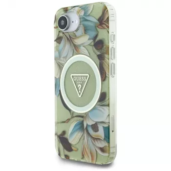 Guess IML Metal Glitter Flowers Triangle MagSafe Back Cover, skirta Apple iPhone 16e, žalia