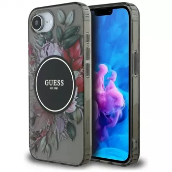 Guess IML Flowers MagSafe Dėklas, skirtas iPhone 16e (Juodas)