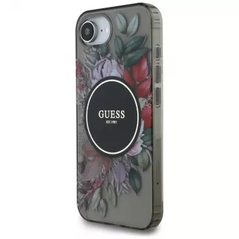Guess IML Flowers MagSafe Dėklas, skirtas iPhone 16e (Juodas)