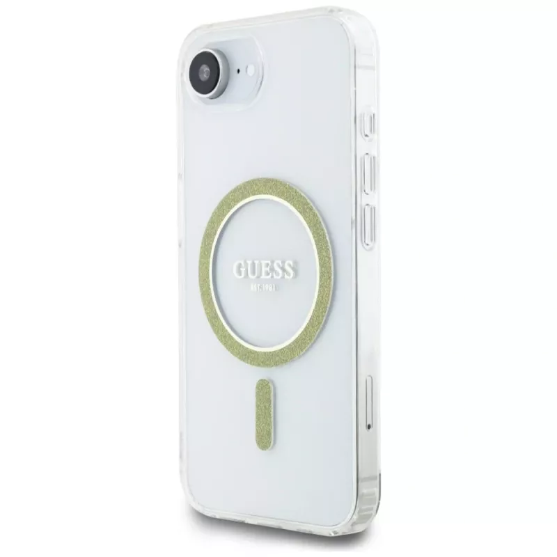 Guess IML Glitter Circle MagSafe Dėklas iPhone 16e (Skaidrus)
