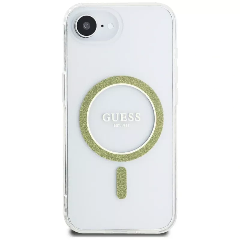 Guess IML Glitter Circle MagSafe Dėklas iPhone 16e (Skaidrus)