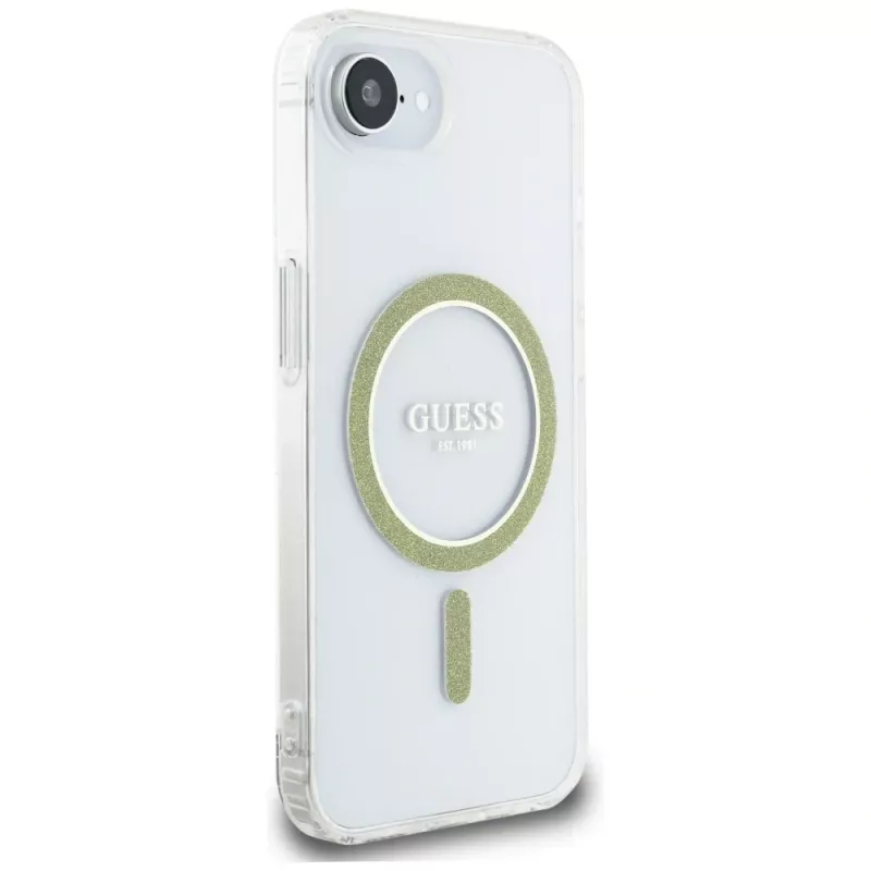 Guess IML Glitter Circle MagSafe Dėklas iPhone 16e (Skaidrus)