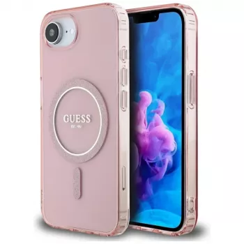 Guess IML Glitter Circle MagSafe Dėklas, skirtas iPhone 16e (Rožinis)