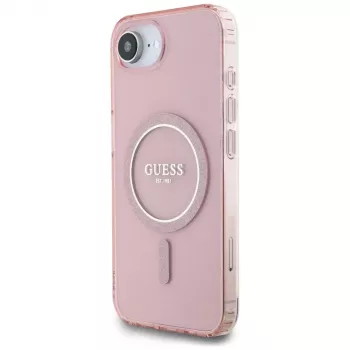 Guess IML Glitter Circle MagSafe Dėklas, skirtas iPhone 16e (Rožinis)